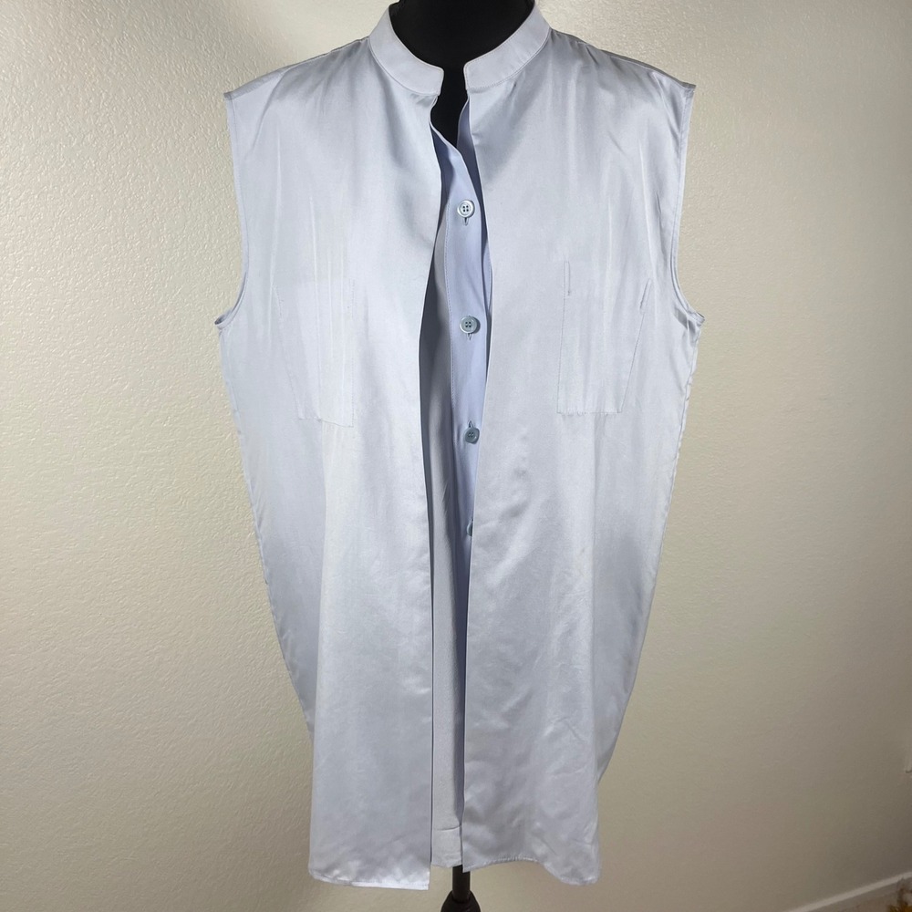 Burberry‎ London Light Blue Crepe Sleeveless Kimono Style shirt vest 100% Silk - Picture 2 of 11